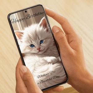 Cartão eletrônico de Feliz Aniversário – Gatinho Branco Fofo com Olhos Azuis | Download Digital Vertical 1080x1920