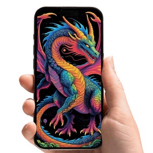 Trippy Rainbow Dragon Mobile Wallpaper, Psychedelic PNG Phone Background, 1080 x 1920 Digital Download