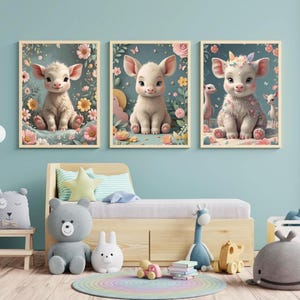 Set of 3 Baby Animal Prints | Pastel Nursery Wall Art | 42x59.4cm Digital Download