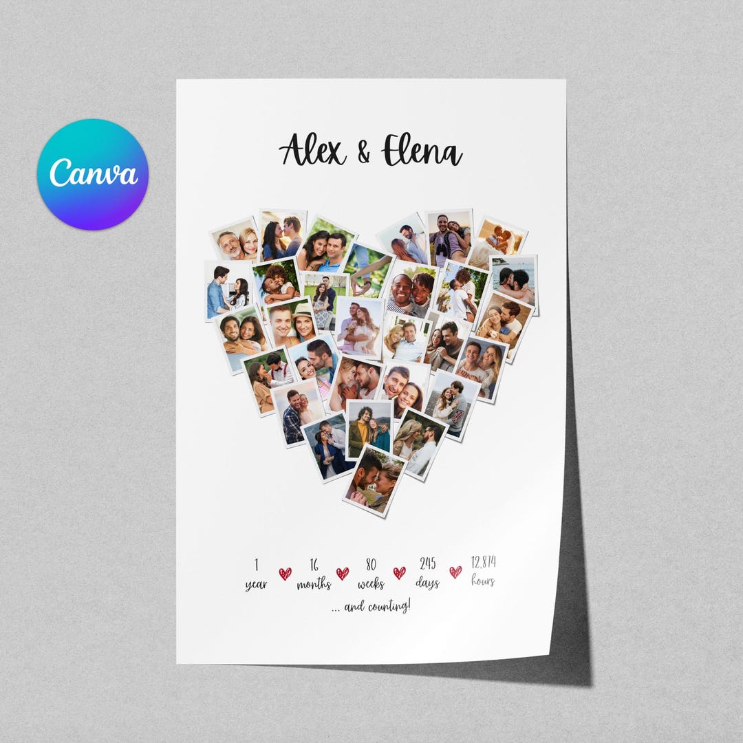 Personalized Heart Photo Collage Canva Template, Anniversary Gift For