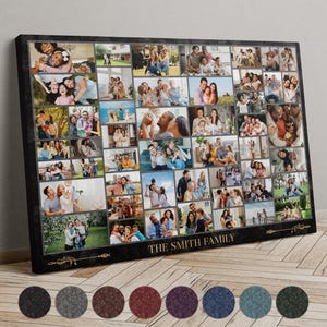 Puede incluir: Una impresión en lienzo enmarcada que presenta un collage de fotos familiares. El marco negro rodea numerosas imágenes individuales, creando un efecto de mosaico. Las palabras "THE SMITH FAMILY" están impresas en oro en la parte inferior. Se muestra una selección de muestras de color debajo.