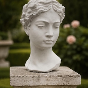 May include: A white stone sculpture of a human head and neck featuring wavy hair styled with a wreath of leaves. The bust has a smooth matte finish and is positioned on a square stone pedestal with a weathered, textured surface and visible seams.