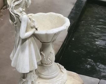 15&quot; Handcrafted Concrete Lady with Bird Bath – Timeless Garden Sculpture Very detailed bird angel beautiful women.