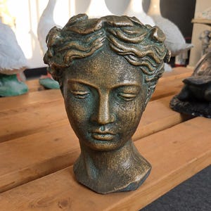 May include: A bronze-toned head planter featuring a sculpted face with closed eyes and wavy hair styled with a wreath. The surface has a weathered, textured finish with dark brown and oxidized green patina accents throughout the entire structure.