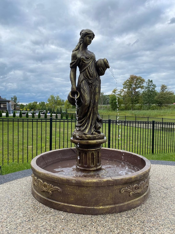 6 FT Tall MASSIVE Concrete Water Fountain with Lady Holding Urns Large Outdoor Garden Fountain Fully Functional Weatherproof fountain