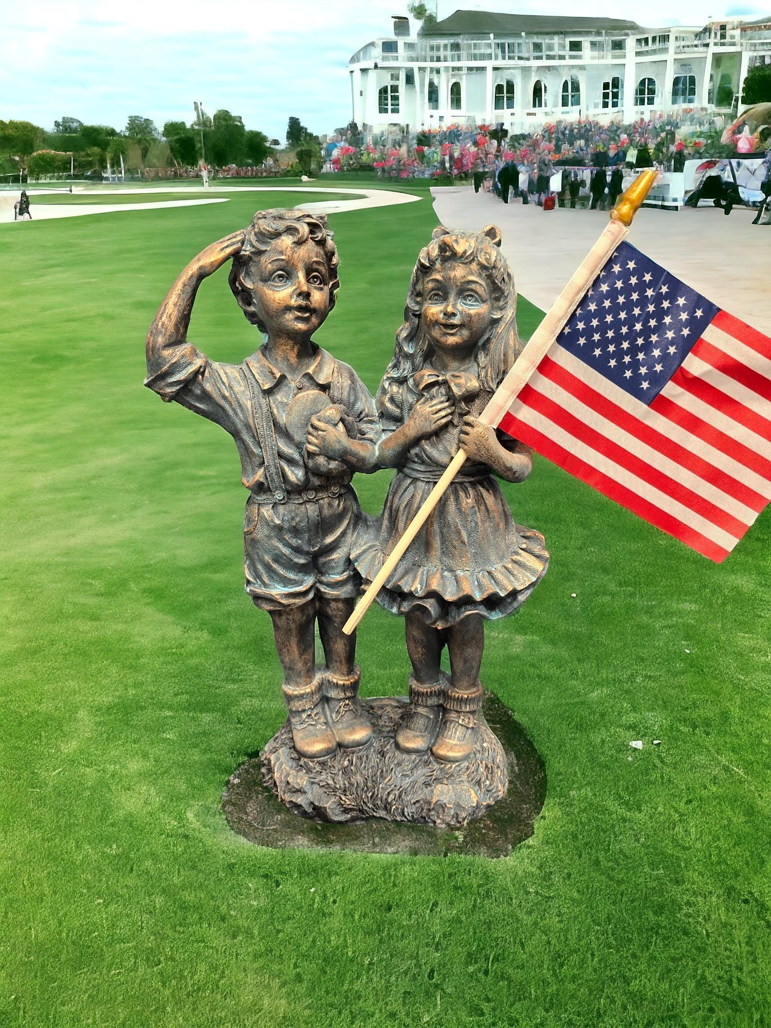 14" Patriotic Flag Children Statue – Antique Stone Garden Decor & Unique Gift American, soldier, Army , USA Decorations