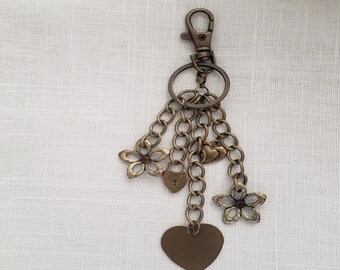 Ant. Gold Hearts & Flowers Key Ring