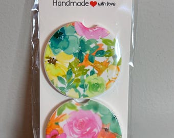 Floral Ceramic Car Coasters - Bright Flower Print, Set of 2