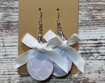 Lightweight Wood Tear Drop Earrings with Blue Bow Print and White Ribbon Accent