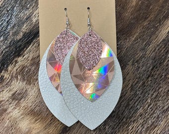 Rose Gold Holographic Layered Teardrop Earrings | Glitter Statement Earrings | Lightweight Faux Leather Dangles | Sparkly Boho Jewelry