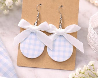 Blue and White Gingham Teardrop Earrings with Bow | Preppy Statement Earrings | Cute Summer Jewelry for Women | Southern Style Gift