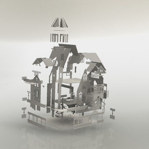 May include: A disassembled metal model of a Victorian-style house, with various architectural components separated. The model features intricate details like windows, balconies, and roof tiles, all in a silver-gray color. The pieces are arranged to show how they fit together.