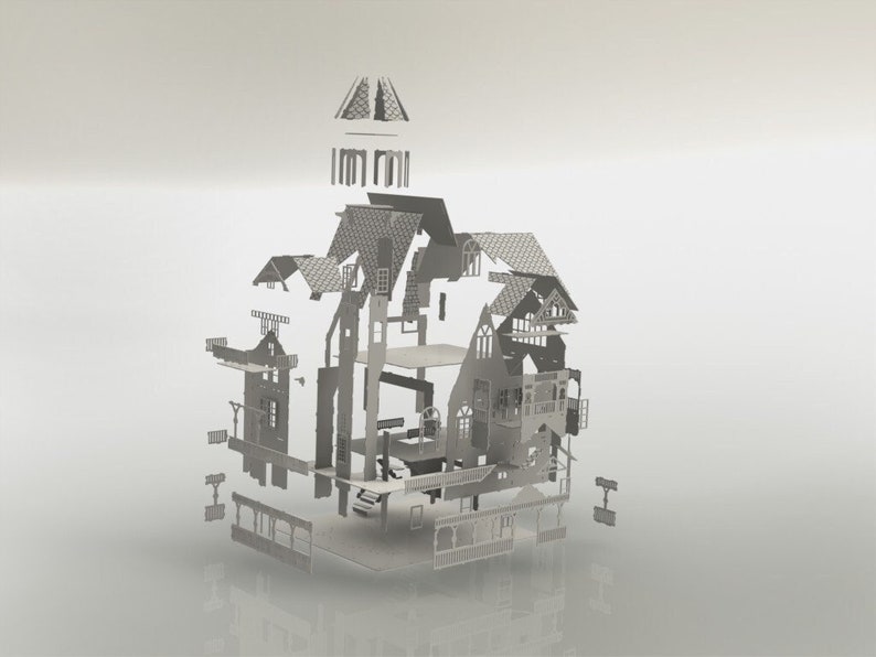 May include: A disassembled metal model of a Victorian-style house, with various architectural components separated. The model features intricate details like windows, balconies, and roof tiles, all in a silver-gray color. The pieces are arranged to show how they fit together.