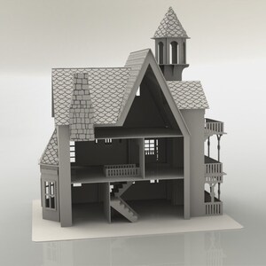 May include: A gray, unfinished dollhouse with a cutaway design, showcasing multiple rooms, a staircase, and balconies. The roof features a detailed shingle pattern, and a tower adds architectural interest. The dollhouse sits on a white base.