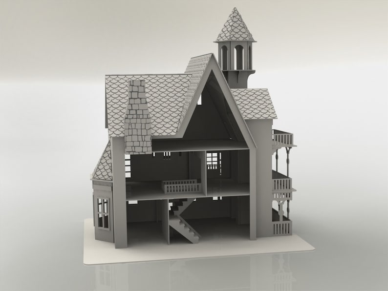 May include: A gray, unfinished dollhouse with a cutaway design, showcasing multiple rooms, a staircase, and balconies. The roof features a detailed shingle pattern, and a tower adds architectural interest. The dollhouse sits on a white base.
