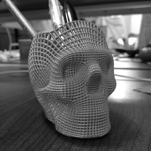 May include: A 3D printed skull made of a white plastic material. The skull is designed with a grid pattern and has a detailed face.