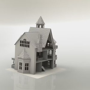 May include: A gray, three-story dollhouse with a detailed design. The dollhouse features a turret, balconies, and multiple windows. The roof is covered in a textured pattern, and the structure sits on a white base. The overall aesthetic is clean and modern.