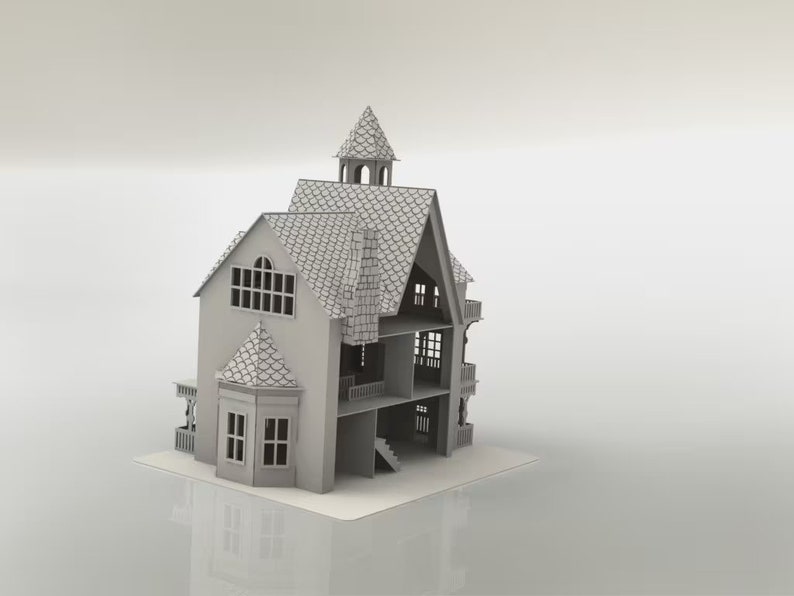 May include: A gray, three-story dollhouse with a detailed design. The dollhouse features a turret, balconies, and multiple windows. The roof is covered in a textured pattern, and the structure sits on a white base. The overall aesthetic is clean and modern.