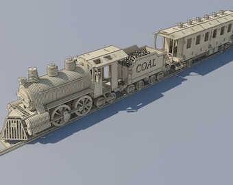 May include: A wooden model train set with a locomotive, a coal car, and three passenger cars. The train is on a wooden track and the cars are labeled "COAL".