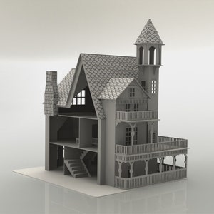 May include: A gray, three-story dollhouse with a detailed design. Features include a tower, balconies, a chimney, and a staircase. The roof is covered in a textured pattern. The dollhouse is set on a white base.