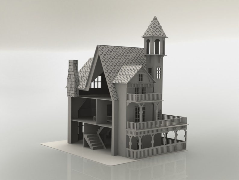 May include: A gray, three-story dollhouse with a detailed design. Features include a tower, balconies, a chimney, and a staircase. The roof is covered in a textured pattern. The dollhouse is set on a white base.