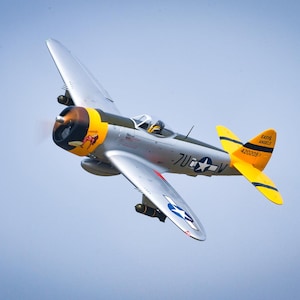 Könnte beinhalten: Ein silbernes und gelbes P-47 Thunderbolt Flugzeug im Flug vor blauem Himmel. Das Flugzeug hat einen rot-weiß-blauen Stern am Rumpf und die Aufschrift "7U-W" und "420239" auf den Flügeln. Das Flugzeug hat auch die Aufschrift "EATING ANGELS" am Heck.