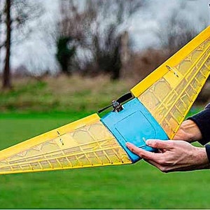 May include: A yellow and blue model aeroplane with a wingspan of approximately 45 cm. The plane has a detailed design with a blue motor and a yellow and black wing.