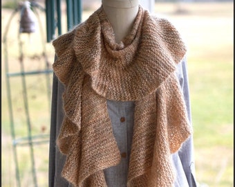 Romantic Ruffled Victorian Hand Dyed Mohair and Rayon Boucle Cream and Rose Gold Scarf Wrap / Hand Knit Ruffle Fuzzy Textured Accessory