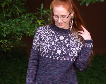 Moonlit Romp Pullover Knitting Pattern: Fair Isle Colorwork Yoke (PDF Pattern) DK weight