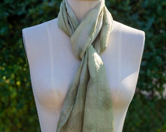 Sand Cherry Green Naturally Dyed 100% Silk Scarf // 8" wide x 72" long // Shibori Resist // Hand Rolled Hem // Cape May Fiber Company