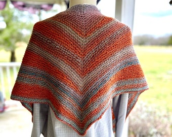Striped Orange and Blue Hand Dyed Hand Knit Triangle Shawl / Soft BFL American Wool / Drapey Multi Colored Wrap / Priestess Fall Autumn
