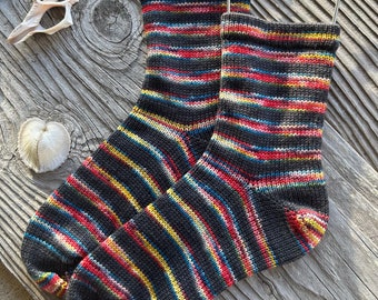 Black Rainbow Speckled Hand Knit Merino Nylon Socks / Hand Dyed Yarn / Women's Medium / Cape May Fiber /  Hand Made