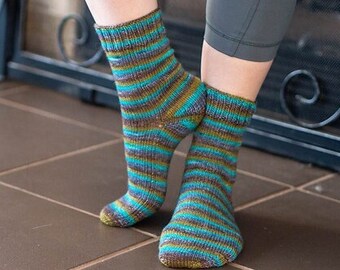 Striped Green Blue Brown Grey Hand Knit Merino Nylon Socks / Hand Dyed Yarn / Women's Medium / Cape May Fiber /  Hand Made