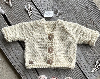 Cuddly soft gender neutral hand knit baby cardigan / raglan sleeve / machine washable chunky minimalist knit baby jacket / coconut buttons
