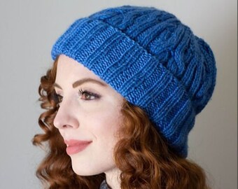 Cerulean Bright Blue Cabled Watchcap / Merino Silk Alpaca / Hand Knit Hand Dyed Adult Hat / Luxurious Cable Knit Beanie / Hand wash only