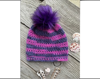 Striped Hot Pink and Purple Crochet Hand Made Adult Hat / Slouchy Beanie / Merino Mohair Silk / Stripey Snuggly Fuzzy Soft / Violet Pom