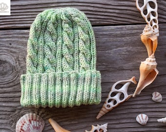 Hand Knit Merino Wool Beanie: Blue Green Textured Hat With  display picture 1