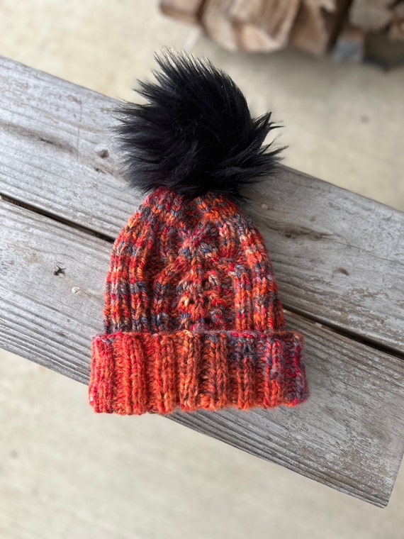 Hand Knit Alpaca Silk Adult Beanie: Orange Cable Knit  display picture 3