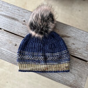 Blue and Green Multi Colored Hand Knit Textured Hat / Adult Beanie / Merino Wool and Faux Fur Pom Pom / Hand Wash