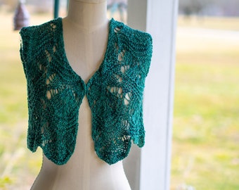 Beaded Mulberry Silk Lacy Cropped Mallard Teal Green Hand Knit Vest / lightweight silky hand made top / open front boho sleeveless layering