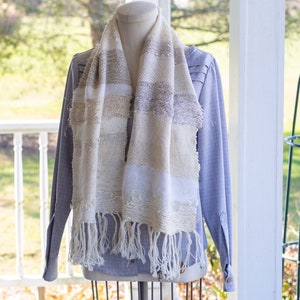 Multi Texture Yarn Woven Scarf // Cream Natural White Ofwhite Silver Slub Iridescent Sparkle // Hand woven // Fringed // Wool Angora Silk