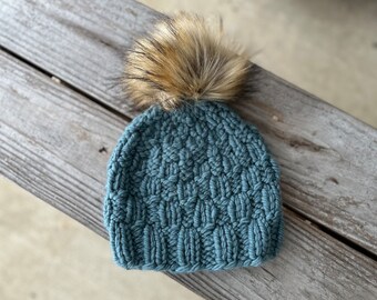 Soft Grey Teal Blue Super Chunky Ribbed Textured Box Stitch Hand Knit Hat // Teen Adult Size // Yarn Pom Pom //