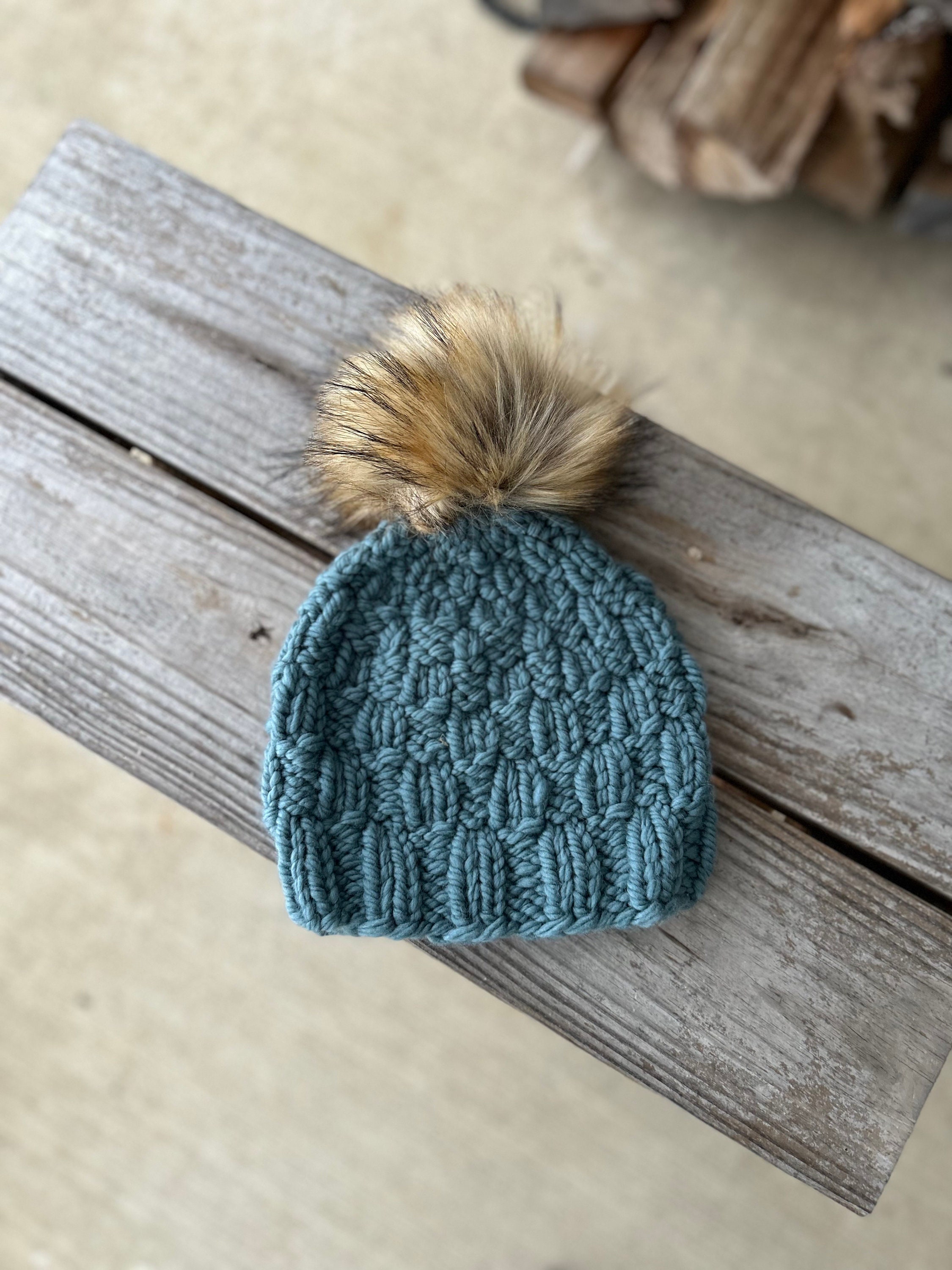 Hand Knit Merino Wool Beanie: Teal Blue Textured Pom Pom Hat  display picture 1