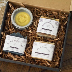 Artisanal Soap Gift Set: Natural Bergamot Lime, Milk & Honey, Bluebird Day