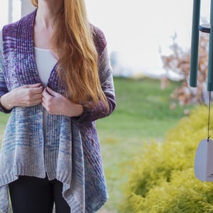 Windward / Hand Knitting Pattern / Draped Open Front Cardigan / Sock Yarn Fade Knitting / Find your Fade / Designed by Vanessa Ewing