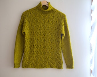 Pesto Green Baby Alpaca Textured Stitch Drop Shoulder Pullover Sweater / Hand Knit One of a kind / Turtleneck 3/4 Sleeve / Hand wash only