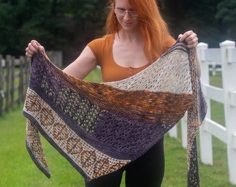 Autumn Crunch Hand Knitting Asymmetrical Shawl Pattern // Mosaic Striped Leaf Fall Lace // DK weight // Vanessa Ewing // Cape May Fiber