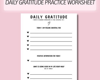 Daily Gratitude Journal Page Printable Therapy Worksheet For Mental Health and Practicing Gratitude