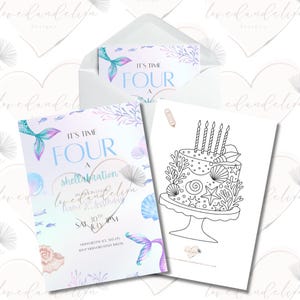 May include: Mermaid-themed birthday party invitations with a pastel colour scheme. The invitations feature a mermaid tail, the text "It's Time Four", and a cake illustration. The design includes blues, purples, and pinks.