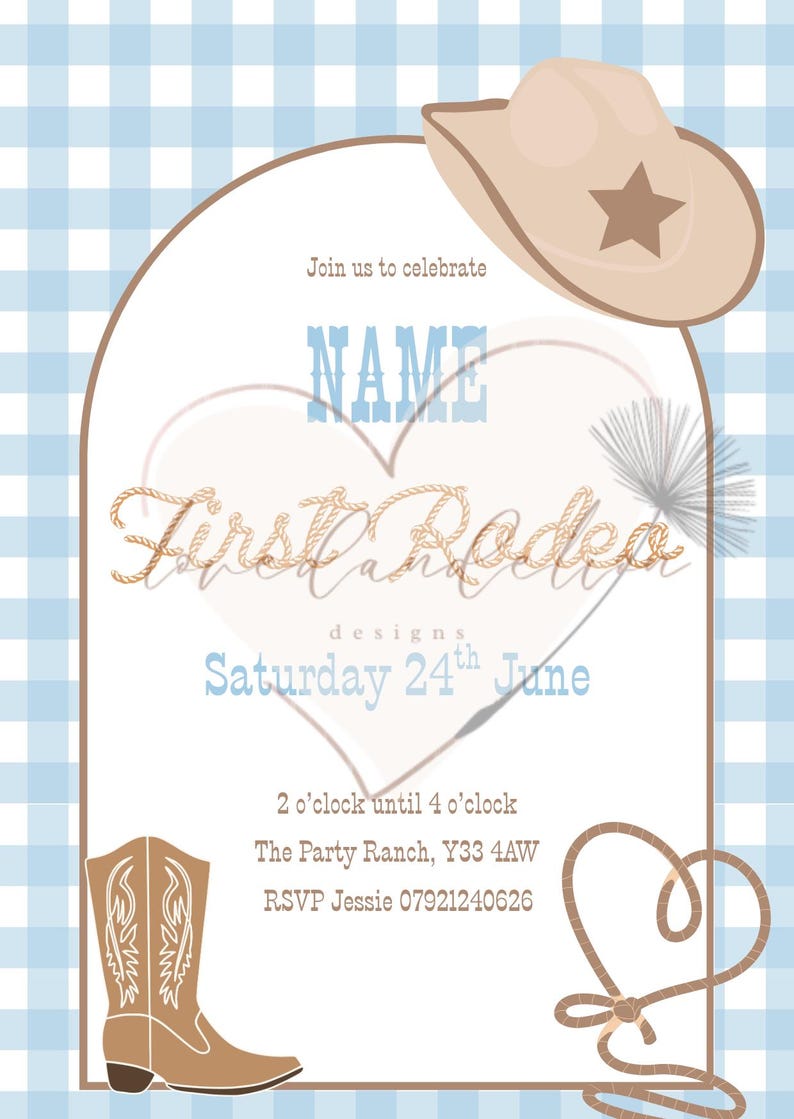 10 X Personalised & Printed My First Rodeo (blue) Birthday Invitations ...